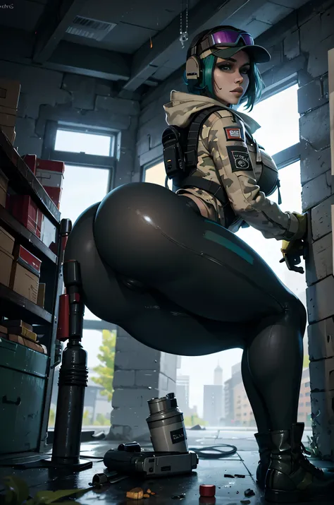 8k portrait of ela (rainbow six siege)
, camouflage, solo, green hair, backpack, boots, hat, goggles, goggles on headwear, pants, looking at viewer, jacket, hood, bag, short hair, headset, blue eyes, camouflage jacket, gloves, holster, hood down, thigh hol...