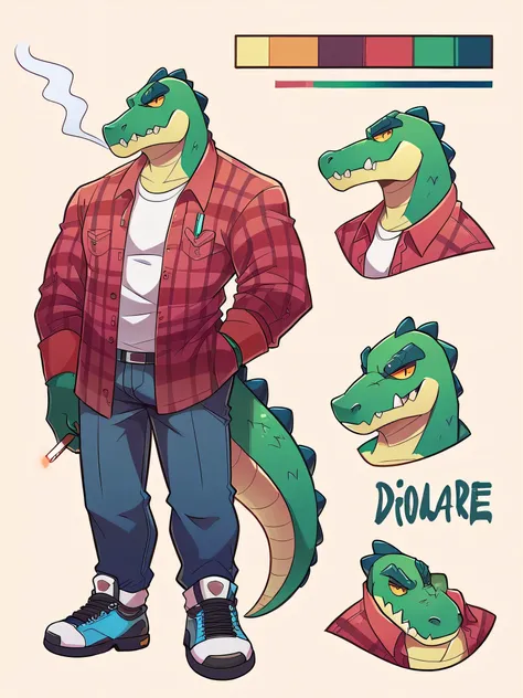 anthro crocodile, holding cigarette, ref sheet, front and back, dad body, 2 full body drawings,