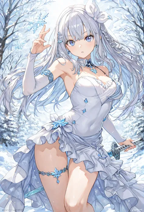 Masterpiece, Best Quality, Top Quality, Very Detailed, A fierce ice warrior princess with long, silver braided hair stands in a snow-covered ancient ruin. Her piercing blue eyes radiate determination as she grips a beautifully crafted katana with a silver ...