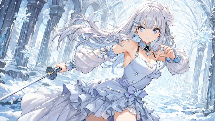 Masterpiece, Best Quality, Top Quality, Very Detailed, A fierce ice warrior princess with long, silver braided hair stands in a snow-covered ancient ruin. Her piercing blue eyes radiate determination as she grips a beautifully crafted katana with a silver ...