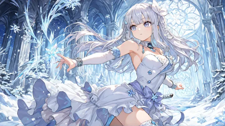Masterpiece, Best Quality, Top Quality, Very Detailed, A fierce ice warrior princess with long, silver braided hair stands in a snow-covered ancient ruin. Her piercing blue eyes radiate determination as she grips a beautifully crafted katana with a silver ...