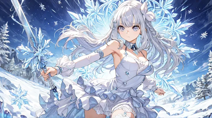 Masterpiece, Best Quality, Top Quality, Very Detailed, A fierce ice warrior princess with long, silver braided hair stands in a snow-covered ancient ruin. Her piercing blue eyes radiate determination as she grips a beautifully crafted katana with a silver ...