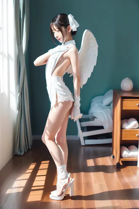 (((Full body portrait:1.5))),(standing at attention),(Photo titled Pure White Angel),(very cute petite Japanese girls with a slender body and a baby face),(Short stature and skinny body),(short limbs),(extremely cute girls),(very short pure white miniskirt...