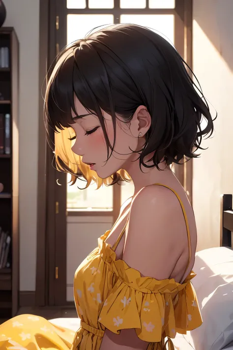 ((top quality)), ((masterpiece)), (details), ((a cute young girl and a big naked boy)), incoming kiss, imminent kiss, ((closed eyes)), face focus, , very beautiful, healthy, ((yellow summer dress)), ((very short black hair)), on bed, private room, dark roo...