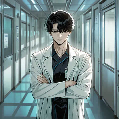 "1man, extremely handsome, black eyes, sharp eyes, expressionless, well-groomed black hair, wearing a white doctor's coat over dark scrubs, muscular build, standing in a hospital corridor, arms crossed, intense gaze, professional yet charismatic, hospital ...