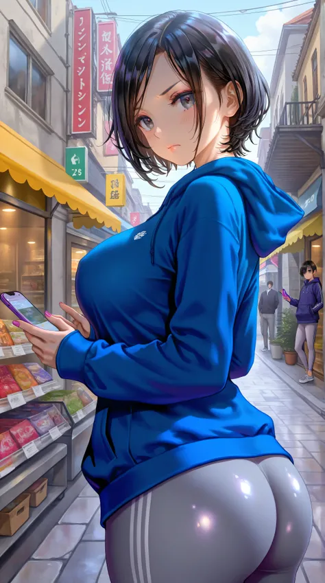 (from side),upper body,1girl,serious,blush,mature female,physical education teacher,age23,black hair,(short hair),parted bangs,black eyes,round face,blue hoodie,grey yoga long pants,holding phone,huge ass,wide hips,thick thighs,thick lip,outdoors,shop,stre...