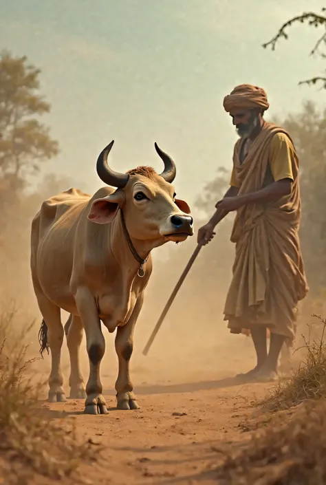 A sad cow named Gauri standing in a dusty village field, with tears in her eyes. Her cruel owner holds a stick, showing his harsh behavior. The cow looks weak and helpless. The village people watch with concern, planning to help the poor cow."