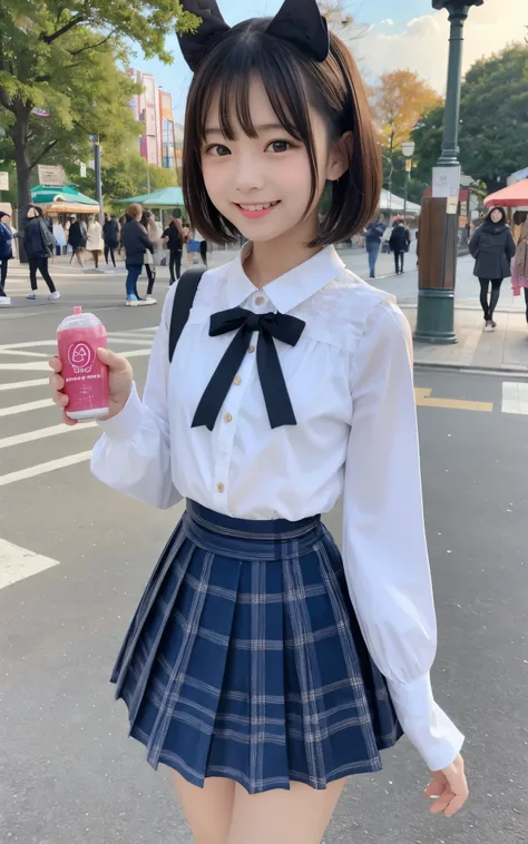 ((top quality)), ((masterpiece)), Realistic im ages 、Other than the front、Very bright expression、 big smile、 Japanese Girls、 realistic im age of the eye area 、small、 look like 、、 elementary school student、10age、Medium bob hair 、 black hair、 slim、 body 、...