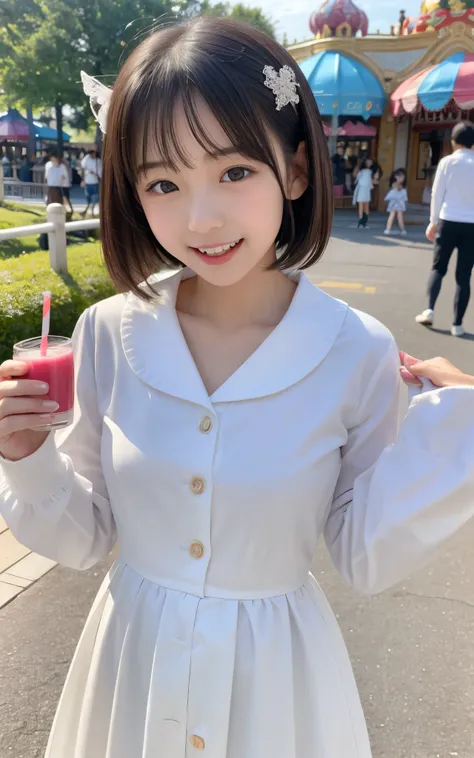 ((top quality)), ((masterpiece)), Realistic im ages 、Other than the front、Very bright expression、 big smile、 Japanese Girls、 realistic im age of the eye area 、small、 look like 、、Fourth grade elementary school student、small子ども、Petite、10age、Medium bob hair ...
