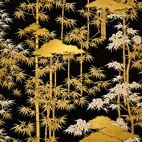 A classic Japanese shōchikubai pattern combining pine trees, plum blossoms, and bamboo leaves on a rich gold and black background, symbolizing resilience and prosperity.