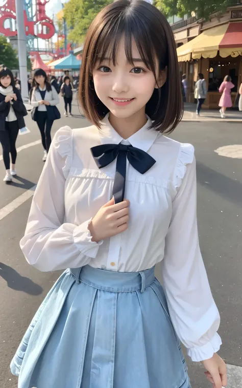 ((top quality)), ((masterpiece)), Realistic im ages 、Other than the front、Very bright expression、 big smile、 Japanese Girls、 realistic im age of the eye area 、small、 look like 、、Fourth grade elementary school student、small子ども、Petite、10age、Medium bob hair ...