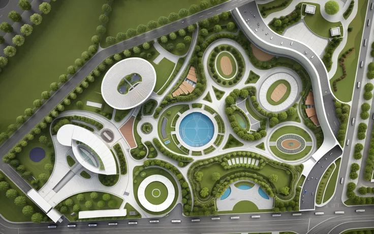 Site plan, Convention center , circular Tower , inspired by shape of space needle, flawless, realistic, realistic, people around the building, walkways, lawn, roads, top view
