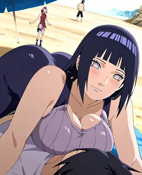 3people, 2girls, 1girl, hyuuga hinata\(naruto\), 1girl, Sakura haruno \(naruto\) ,1boy, black eyes, uchiha itachi (\naruto\), on the beach lying on a beach chair appreciating itachi with a naughty face, sunlight glare, laying/ sitting on top of the boy, un...