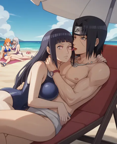 3people, 2girls, 1girl, hyuuga hinata\(naruto\), 1girl, Sakura haruno \(naruto\) ,1boy, black eyes, uchiha itachi (\naruto\), on the beach lying on a beach chair appreciating itachi with a naughty face, sunlight glare, laying/ sitting on top of the boy, un...
