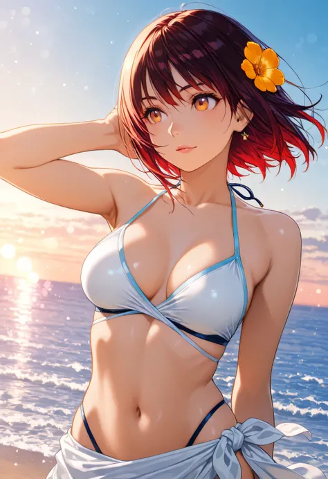 Animated illustration of a girl in a high quality swimsuit having fun on the beach,summer sunshine,sea,anime style,Precise,4K,high resolution,Realistic,Vivid Color,Bokeh,Professional