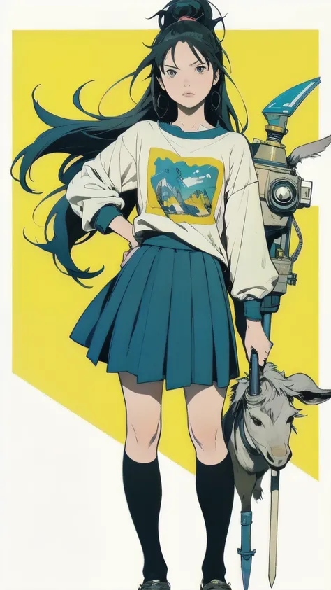 A woman holds a sword and a donkey on a yellow background, Keizan Okada, hidetaka miyazaki, Epic anime with bad luck , Yoshida Akihiko , FLCL, FLCL cover, by Kamisaka Sekka, like Grimes , Krenz Kuchart and Artem Demra