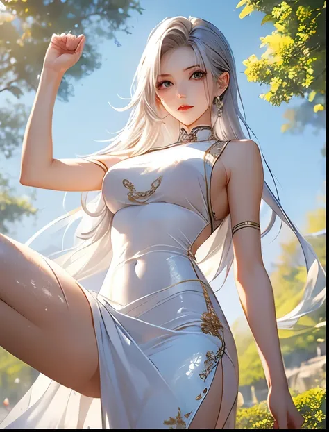 （（（ＳＦＷ、Highest quality、 first class masterpiece 、 normal body of a real person 、8k、  detailed face 、super precise、   Real Color 、５refer to、Highest）））、 Silver Hair、pretty girl、slender、 slim、Big Breasts、China dress in the park during the daytime、 Navel Expos...