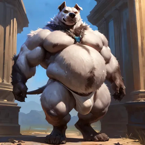 An unusually gargantuan anthropoid, its huge and round belly is dominant; t-pose, t-posing, t-posing 3d model,t-, male,canine, anthropoid, dog, pitbull:1.4, (dark and thick grey and wet fur:1.8, thick furred body, fluffy fur, thick fur, wet fur, naked),( c...