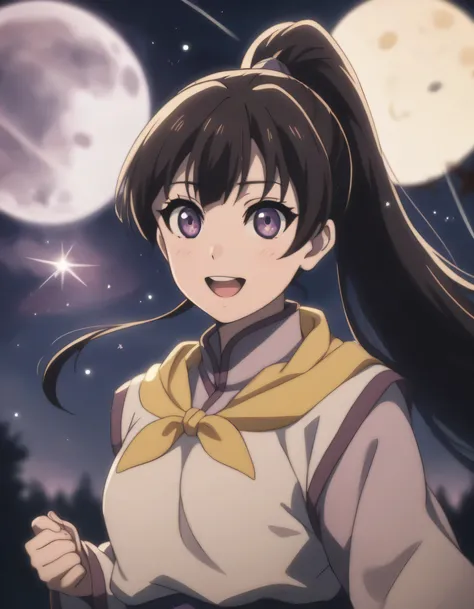 score_9, score_8_up, score_7_up, gsfghtr, multicolored robe, neckerchief, cinematic Lighting, 1girl,solo,looking at viewer,blush,smile, open mouth,moon, shooting stars, aurora view, long ponytail hair