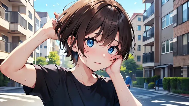 masterpiece、No matter how high quality、detailed animated illustration、8K4K、(((in front of an apartment in the daytime、Outdoors、upper body shot in Office during daytime、 put your hand on your face、sweat)))、(((dark brown hair、A man with short hair、black shor...