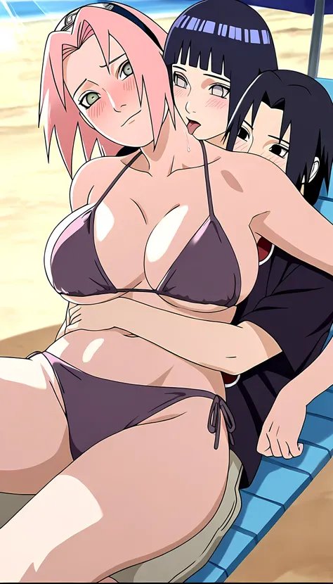 2girls, hyuuga hinata\(naruto\), Sakura haruno \(naruto\) ,1boy, black eyes, uchiha itachi (\naruto\), on the beach lying on a beach chair appreciating itachi with a naughty face, sunlight glare, laying/ sitting on top of the boy, under beach umbrella shad...