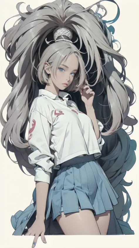 girl with dark skin(Skin color:1.2), (age:1.1), Gray Hair(Detailed Hair Quality :1.2), (accessories:1.1), Blue Eyes(Eyes:1.3), ( Emoji:1.2), ( pose :1.2), (Body Type:1.1), short cheerleader-style skirt(Detailed Outfits:1.2) has the coat of 。hands stacked o...