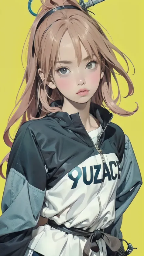 A woman holds a sword on a yellow background, solo、concept art:Okada Yoneyama, trending on pixiv, conceptual art, hidetaka miyazaki, Epic anime with bad luck , FLCL, FLCL cover, like Grimes , Krenz Kuchart and Artem Demra, Glo-anime