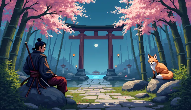 Main Subject:
A lone wandering ronin stands on the left side of the scene,sitting calmly staring down resting, his expression reflective and calm. He wears worn yet intricately detailed samurai clothes, complete with subtle creases and weathered textures. ...