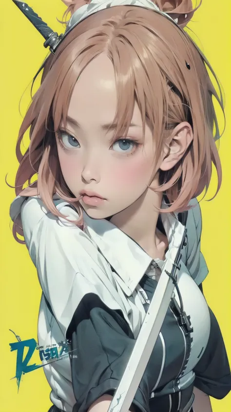 A woman holds a sword on a yellow background, solo、short bob hair、Concept Art:Okada Yoneyama, trending on pixiv, conceptual art, hidetaka miyazaki, Epic anime with bad luck , FLCL, FLCL cover, like Grimes , Krenz Kuchart and Artem Demra, Glo-anime