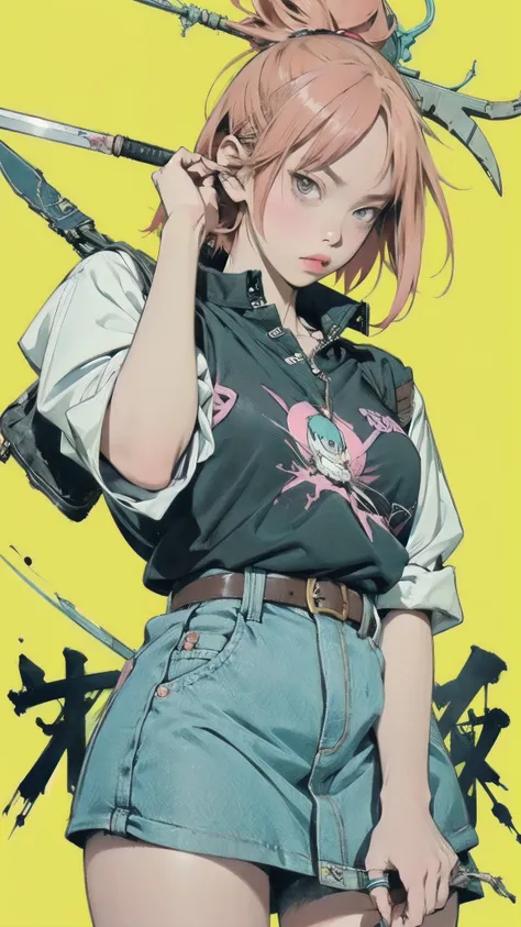 A woman holds a sword on a yellow background, solo、short bob hair、Concept Art:Okada Yoneyama, trending on pixiv, conceptual art, hidetaka miyazaki, Epic anime with bad luck , FLCL, FLCL cover, like Grimes , Krenz Kuchart and Artem Demra, Glo-anime