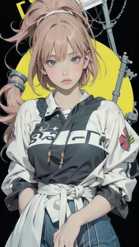 One woman is holding a Rubik's Cube on a yellow background, solo、short bob hair、VUITTON Outfit、concept art:Okada Yoneyama, Trending on Pixiv, conceptual art, hidetaka miyazaki, Epic anime with bad luck , FLCL, FLCL cover, like Grimes , Krenz Kuchart and Ar...