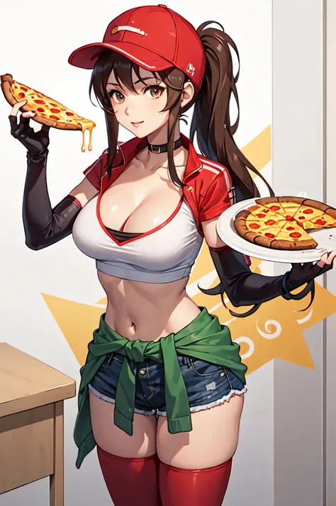 1girl, standing, looking at viewer, fkpdsivir, holding food, pizza, long hair, brown hair, ponytail, baseball cap, crop top, large breasts, cleavage, navel, shorts, thighhighs, clothes around waist, choker, elbow gloves, fingerless gloves