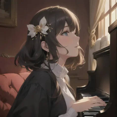 The woman in the image is playing the piano