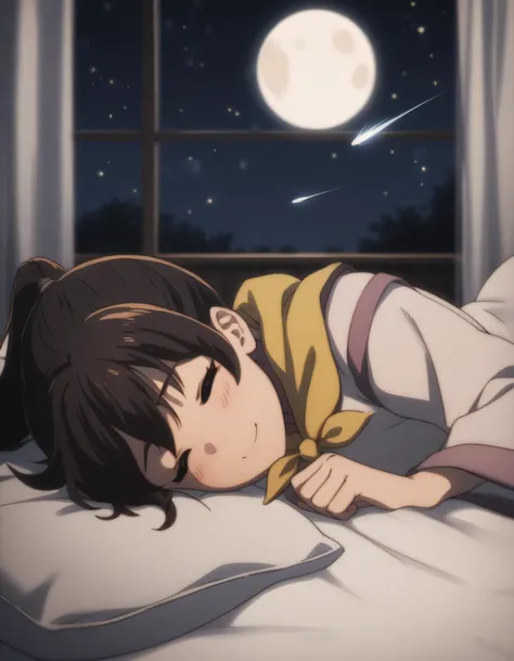 score_9, score_8_up, score_7_up, gsfghtr, multicolored robe, neckerchief, cinematic Lighting, lying on bed, 1girl,solo,sleep on the bed, smile, blush, shy,window, moon, shooting stars