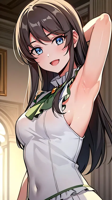 quality, masterpiece, highly detailed, 16k, masterpiece, tilly wimbledon, sleeveless, 1girl, smile, open mouth, blush, detailed face, detailed eyes, medium breast, blue eyes, castle, ((both hands up behind head)), armpits