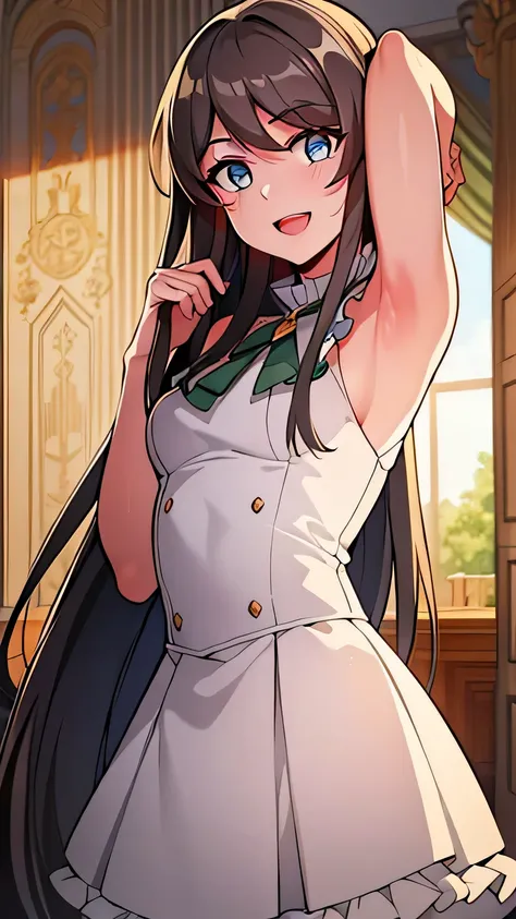 quality, masterpiece, highly detailed, 16k, masterpiece, tilly wimbledon, sleeveless, 1girl, smile, open mouth, blush, detailed face, detailed eyes, medium breast, blue eyes, castle, ((both hands up behind head)), armpits