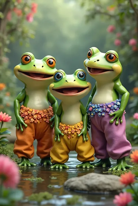 three frogs wearing flower pants of different colors