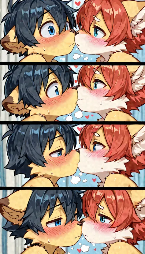 Super high resolution, detailed background, furry Shota boy(furry ears), Kemono furry shota boy, innocent kindergarten furry boy, close-up face, about to kiss, kiss waiting face, blushed, embarrassed, naked, heavy breath, moist thin eyes , Swollen cheeks ,...