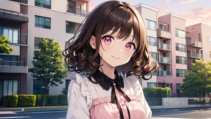 (((In front of a condominium building in the daytime、upper body、黒いpeplum blouse、Angled shot、smile)))、(((Dark brown hair、curly hair、BRAKE、 pale pink eyes)))、masterpiece、No matter how high quality、detailed animated illustration、Gwaiz, OFFICIAL ARTBOOK ,
