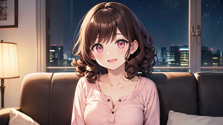 masterpiece、No matter how high quality、detailed animated illustration、(((interior、night、sit on the couch、collarbone、white henley shirt、upper body、 Smile、talking expression)))、(((Dark brown hair、curly hair、BRAKE、 pale pink eyes、)))、
