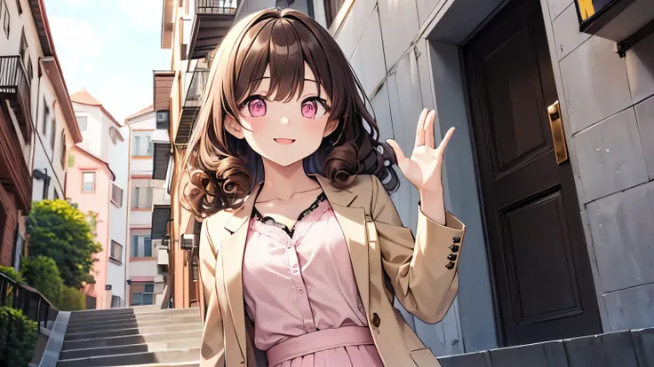 SFW、masterpiece、High black quality、down below、upper body、profile、detailed animated illustration、one girl、8K4K、(((In front of the apartment stairs in the daytime、 big smile、raise one hand hello、beige tailored jacket、BRAKE、black lace collarless blouse、BRAKE、...