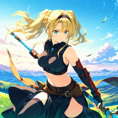 (masterpiece), (best quality), (ultra-detailed),(artist:mitsumi_misato),artist:fujiyama,artist:kokonoka,1girl, zeta, blonde hair, blue eyes, crop top, stance, holding_polearm, outdoors, wind,fantasy,very aesthetic illustration