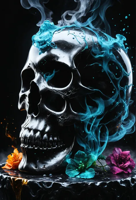 a skull, Epic Splatter Art, Alcohol Ink, Smoky Ghost Image, Super Realism, Super Detail 8K, Divine Proportion, Intricate, Cinematic, Stunning, High Detail, 8k, Atmospheric, Super Detail, Fantastic Realism, Sharp Focus, Mysterious, Filigree, Luminescent, Pe...