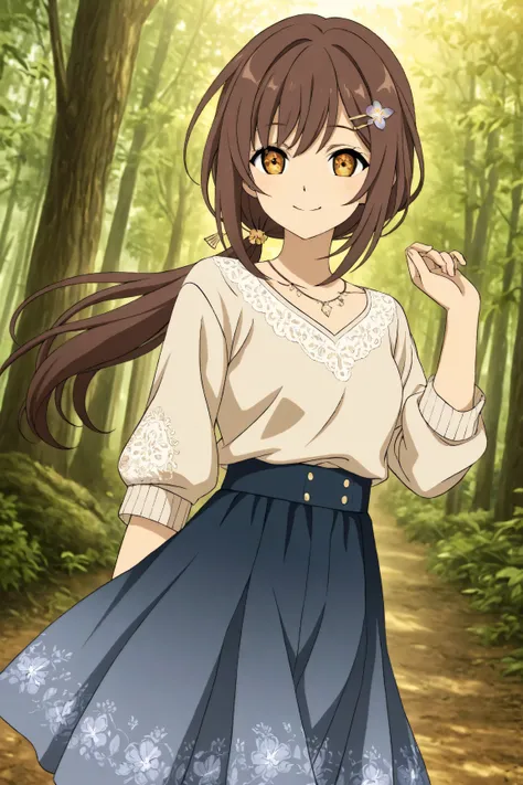 A woman, smile, with honey-brown hair in a low ponytail, adorned with a hairpin, almond-shaped eyes with gray gradient iris color, wearing a beige linen shirt paired with a forest-style embroidered skirt, (anime style)