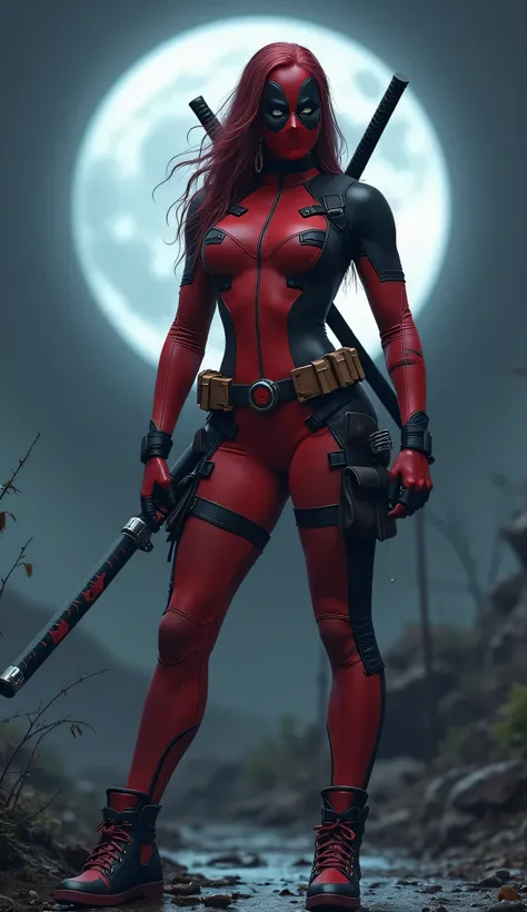 "Now standing fully visible in the moonlight, she is pure, unfiltered chaos. The Deadpool suit has been redesigned to fit her dangerously curvaceous figure, red and black panels accentuating her toned, dominant physique. Twin katanas rest on her back, and ...