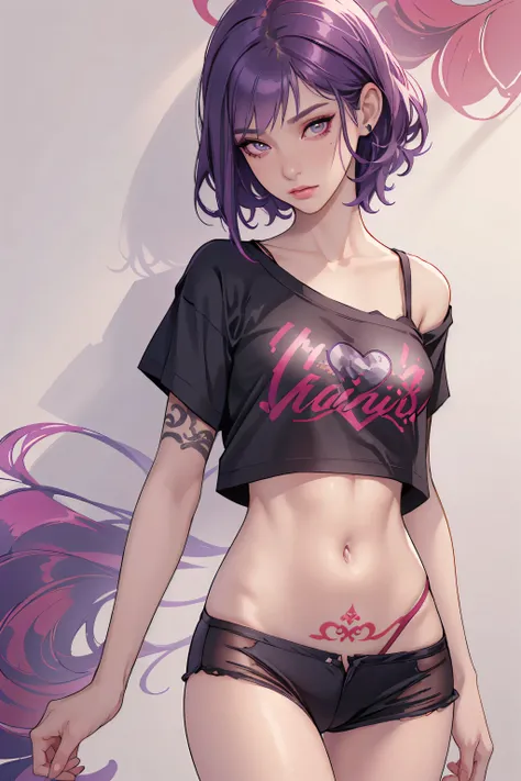 1girl,a beautiful fashion model ,(masterpiece, detailed background, best quality), short and shiny hair, dark purple hair,smirk,juicy lips,red lips, lingerie, stripping, elegant makeup, exhibitionism, chloe price, alt girl, tattoos, andava pelo, ((bratty))...