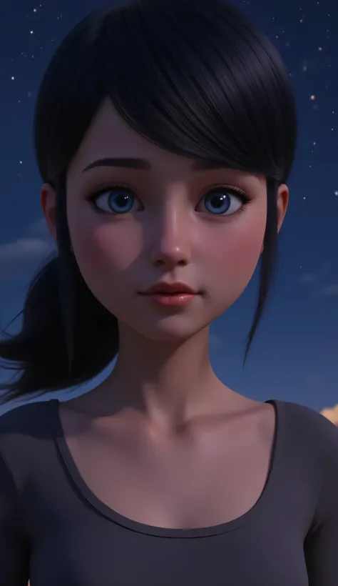 1girl, Solo, High Resolution, Masterpiece, Accurate, Anatomically Correct, Best Quality, High Details, High Quality, black hair, blue eyes, tween, realistic, cute, night 
