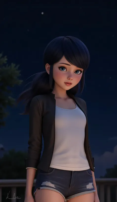 1girl, Solo, High Resolution, Masterpiece, Accurate, Anatomically Correct, Best Quality, High Details, High Quality, black hair, blue eyes, tween, realistic, cute, night