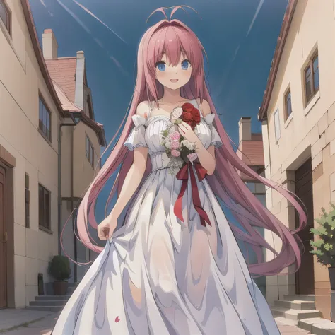 A breathtakingly beautiful 20-year-old woman stands in the courtyard of a luxurious mansion beneath a clear blue sky. She wears a white and blue wedding dress, holding a red bouquet gracefully in front of her chest. Her radiant smile and joyful expression ...