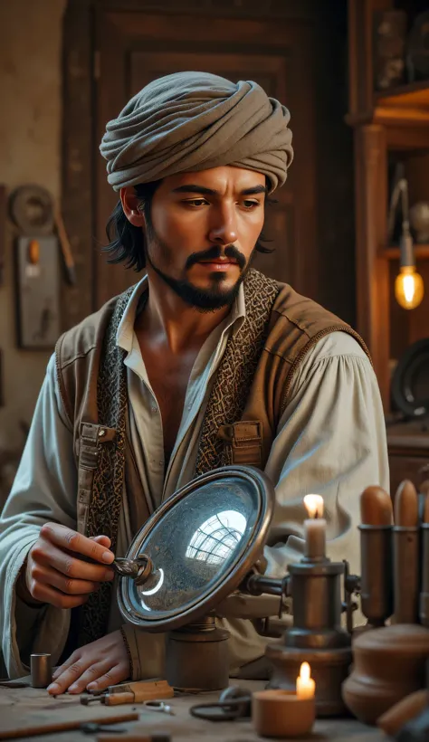 **Prompt:** wider long zoom out. Create a hyperrealistic digital artwork depicting an ancient Arabic optical reflector maker in a medieval panoramic workshop. The scene should capture a fully-body portrait of a handsome young male character, smiling as he ...
